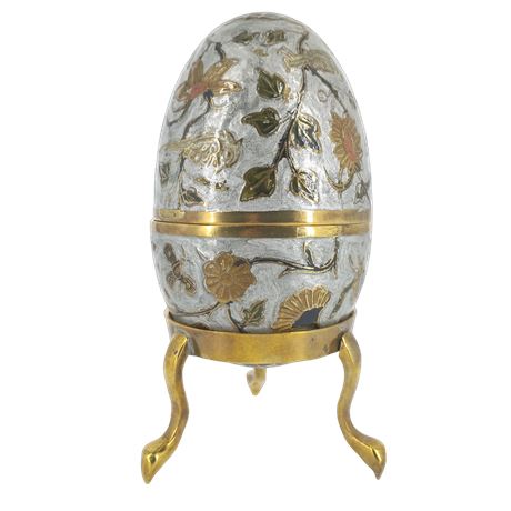 Vintage Hand-Painted Egg Trinket Box on Stand, Gold-Tone Interior, Floral Design