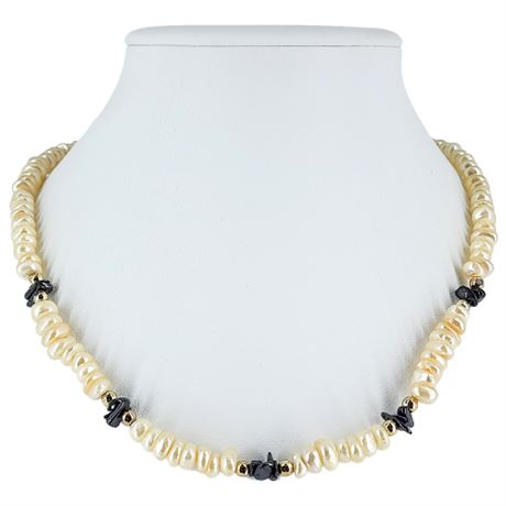 Vintage Faux Freshwater Pearl & Hematite Beaded Necklace