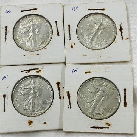 4 AU Walking Liberty Half Dollars