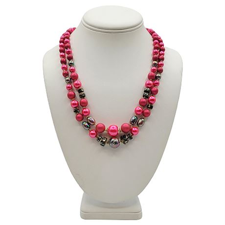 Vintage Mid-Century 2-Strand Hot Pink Faux Pearl Statement Necklace