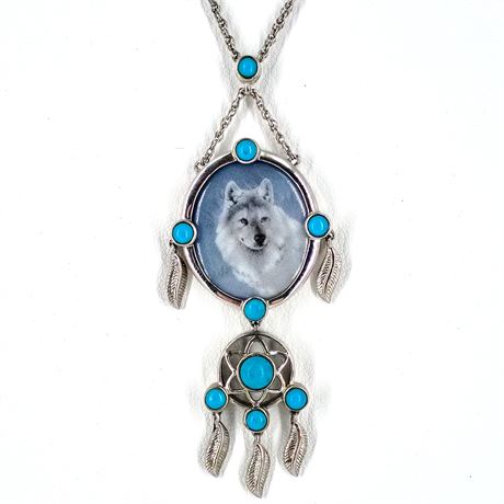 Sterling Silver Wolf Cameo & Turquoise Dreamcatcher Necklace – 925
