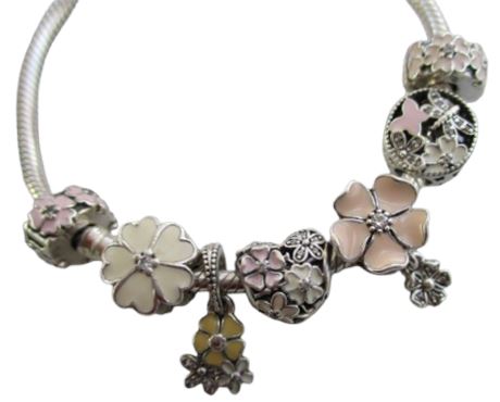 PANDORA Floral Themed Charm Bracelet Sterling Silver & Enamel