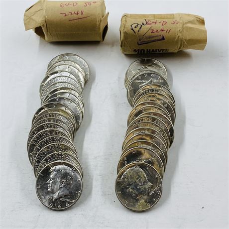 2 BU $10 Rolls 1964 Kennedy Half Dollars