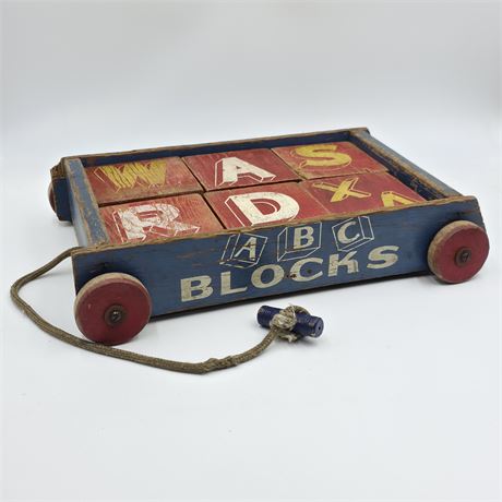 Antique Wood Wagon with Alphabet Blocks