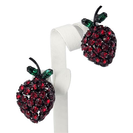 Signed Warner Rhinestone Strawberry Clip Earrings