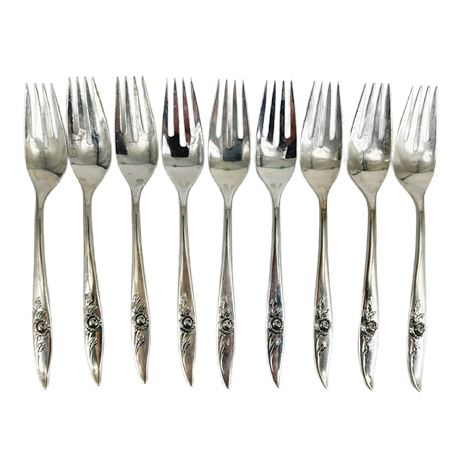 Lot of 9 Oneida Heirloom Sterling Silver “Bella Rose” Dessert/ Salad Forks