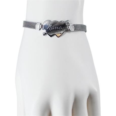 Vintage Engraved Nancy Silver Tone Sweetheart Mesh Bracelet