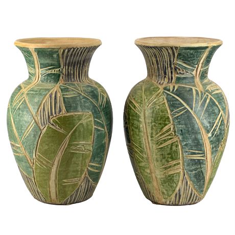 Pair of Matching Vintage '90s Pier 1 Tropical Sgraffito Ceramic Pots