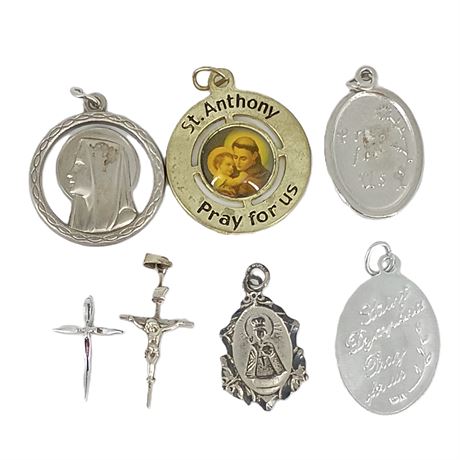 Catholic Pendant Lot and Necklace Including One Sterling Silver