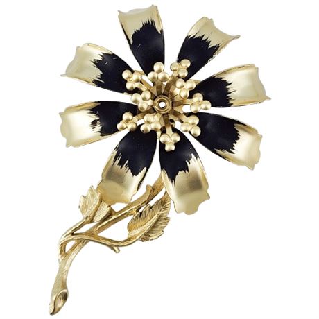 Vintage Hedy Pale Gold Tone & Black Dimensional Flower Brooch