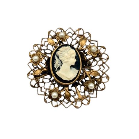Gold Tone Cameo & Faux Seed Pearl Brooch