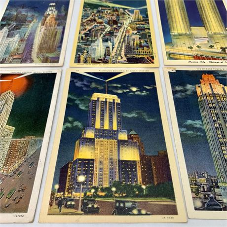 8 pc Vintage 1939-1940 Chicago Night Scape Skyscraper Postcards