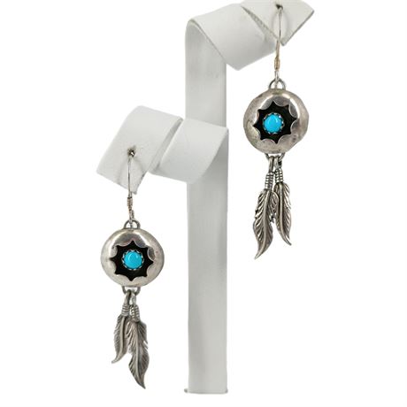 Sterling Silver 925 Turquoise & Feather Dangle Earrings – Southwestern Style