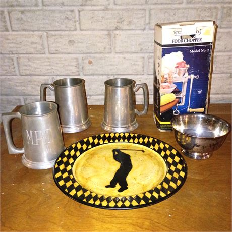 Pint Tankards with Golf Plate, Chopper and Silver Tone Bowl