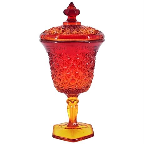 Vintage L.E. SMITH UV Reactive Amberina Glass Daisy & Button Lidded Candy Dish