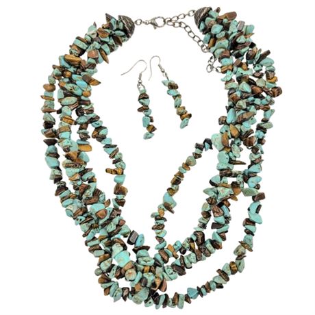 Chunky Multi-Strand Turqoise and Tiger's Eye Necklace and Dangle Earrings