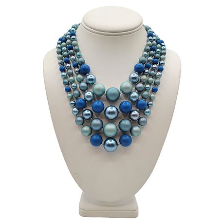 Vintage Mid-Century 4-Strand Blue Faux Pearl Statement Necklace
