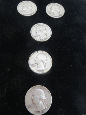 Two 1950 D, 1952, 1954 & 1957 D Washington Silver Quarters