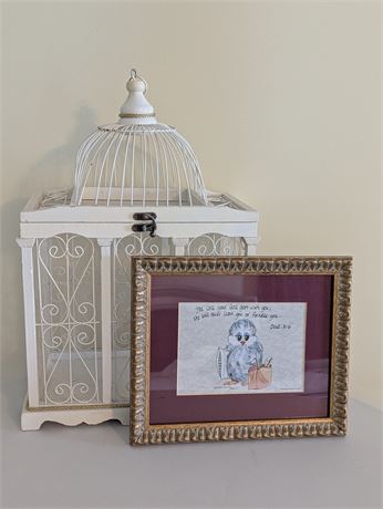 Lot Faux Bird Cage Box + Owl Framed / Signed Picture