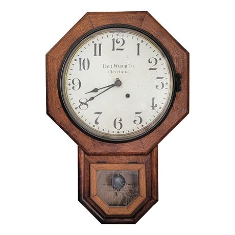 Antique Ball Watch Co. Cleveland Railroad Station Tiger Oak Octagonal Wall Clock