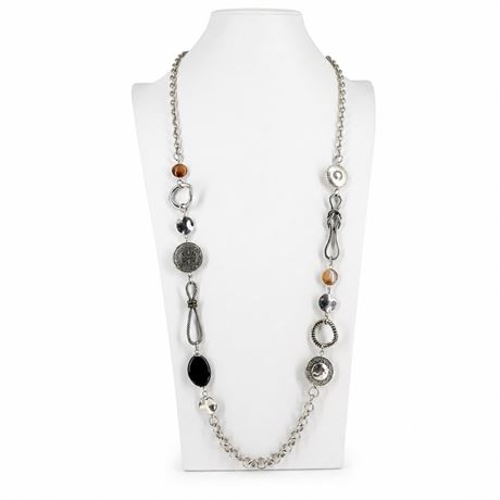Silver-Tone Mixed Link Necklace with Black and Brown Accent Beads
