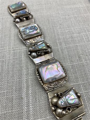 Taxco Mexico Sterling Inca, Mayan, Aztec, Abalone Inlaid Bracelet