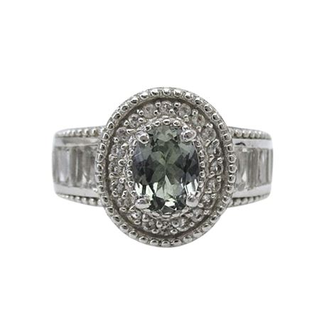 STS Green Amethyst & White Topaz 925 Sterling Silver Cocktail Ring Sz 9