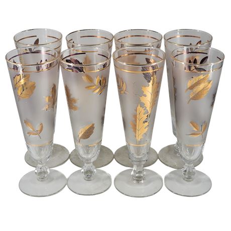 MCM Libbey Frosted Glass Golden Foliage Pilsner Glasses - Set of 8