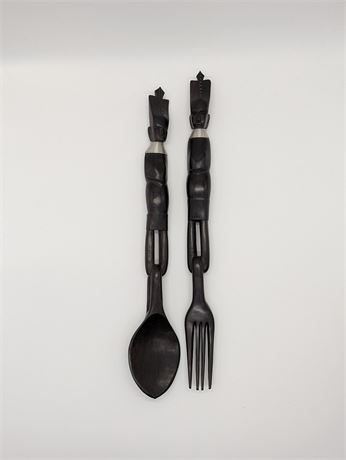 Vintage African Zulu Hand Carved Ebony Serving Set Spoon Fork 15"