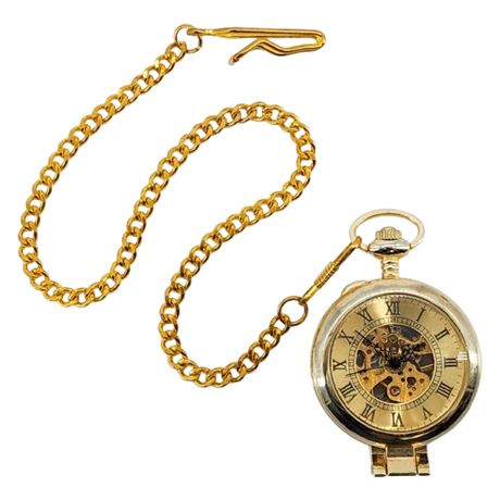 Retro Mechanical Skeleton Pocket Watch & Chain, Running