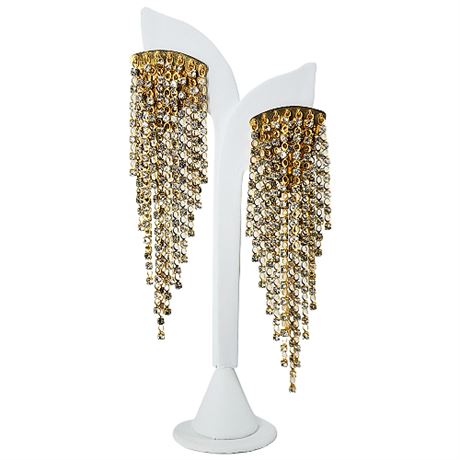 Vintage SORRELLI 5 Inch Rhinestone Disco Waterfall Dangle Clip Earrings