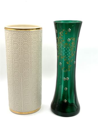 White and Gold Lenox Vase Plus Green Glass Vase