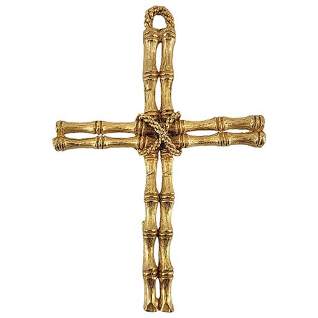 Large Vintage Gold Tone Bamboo Cross Pendant