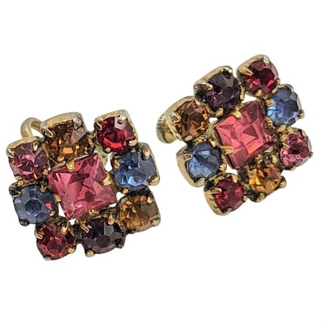 Vintage Multi-Color Rhinestone Screw Back Earrings