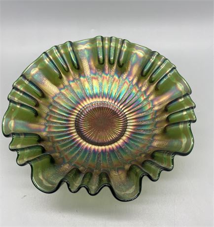 Fenton Green Stipple Ray Carnival Glass Bowl