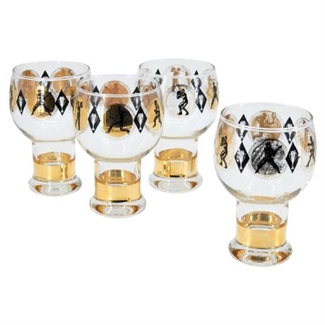 Mid-Century Federal Glass Black & Gold Sports Pattern Beer Glasses, Set of 4