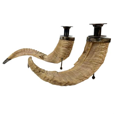 Vintage Pair of Rams Horn Candlesticks with Silver Accents