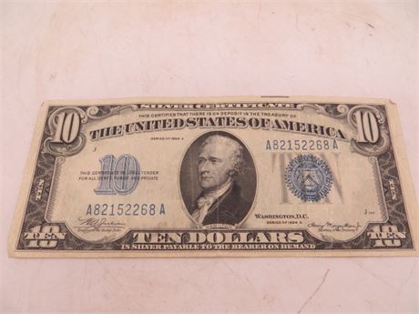 1934 A $10 Federal Reserve Note # A 82152268 A
