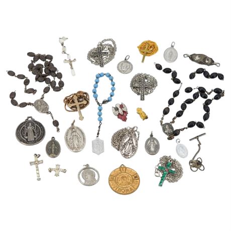 Vintage Religious Medals, Rosary Parts, Cross Necklaces Lot