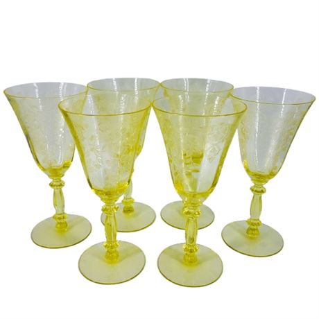 Vintage Lot of 6 Cambridge Yellow Goblet UV Reactive