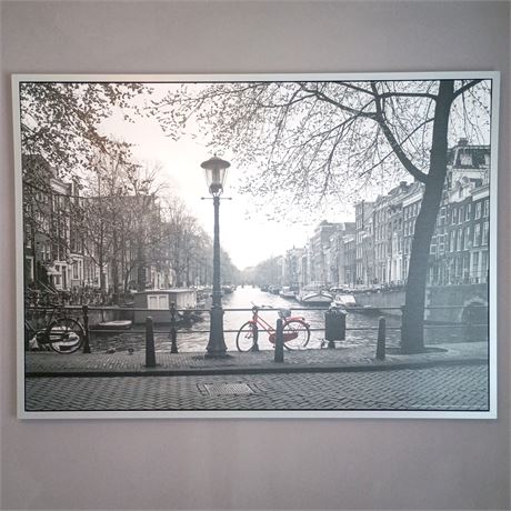55 Inch “Amsterdam Canal with Red Bicycle” Framed Wall Art, Fernando Bengoechea