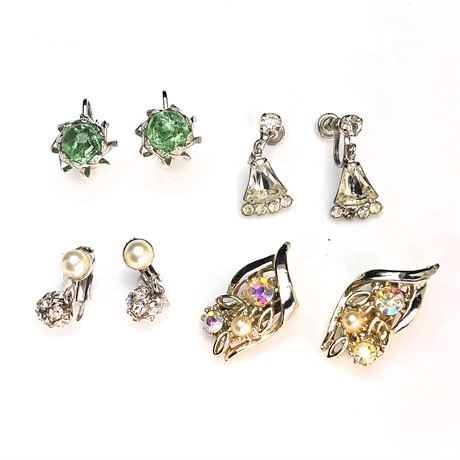 Vintage Earrings Lot- Peridot Green Rhinestone Solitaire, Aurora Borealis + More