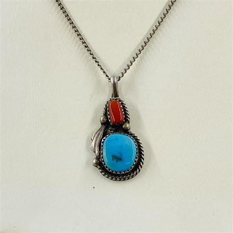 7.1g Signed Coral + Turquoise Sterling Necklace