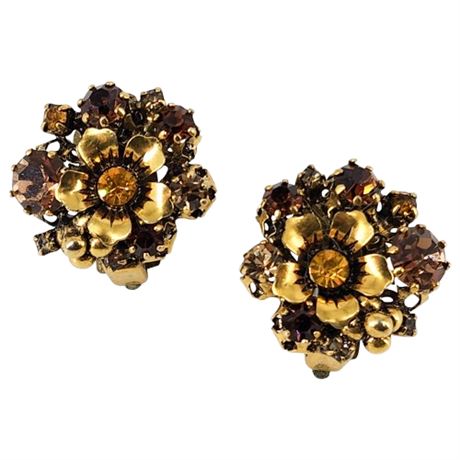 Vintage Austrian Crystal Rhinestone Floral Cluster Clip Earrings