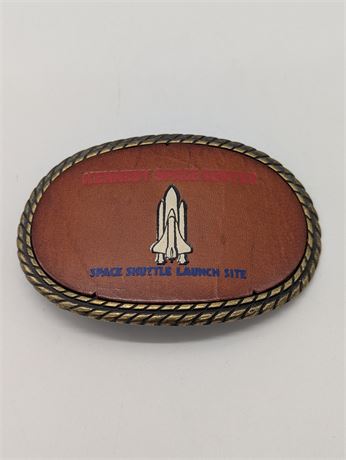 Vintage Kennedy Space Center Leather and Brass Belt Buckle