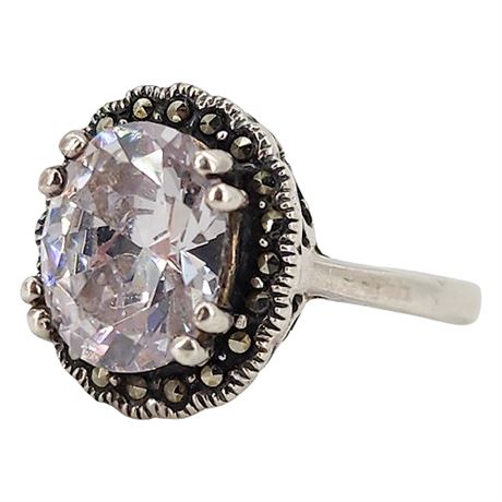 Vtg Sterling Silver White Tourmaline Marcasite Halo Ring, Sz 6.75
