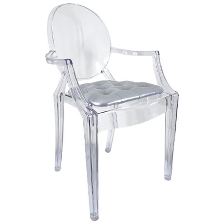 Modern Kartell Style Acrylic Louis Ghost Armchair w/ Silver Tufted Seat Cushion