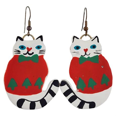 Vintage Hand-Painted Polymer Christmas Cat Earrings