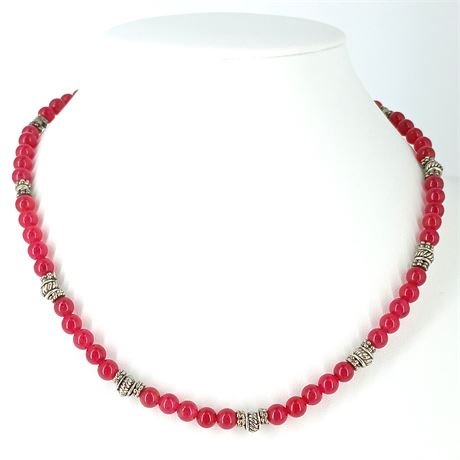 Vintage Red Glass Beaded Necklace, Silver Tone Spacer Beads