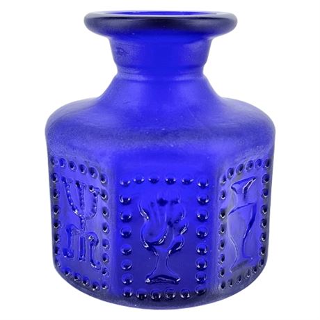 Signed Vintage Frosted Cobalt Blue Paneled Glass Vase